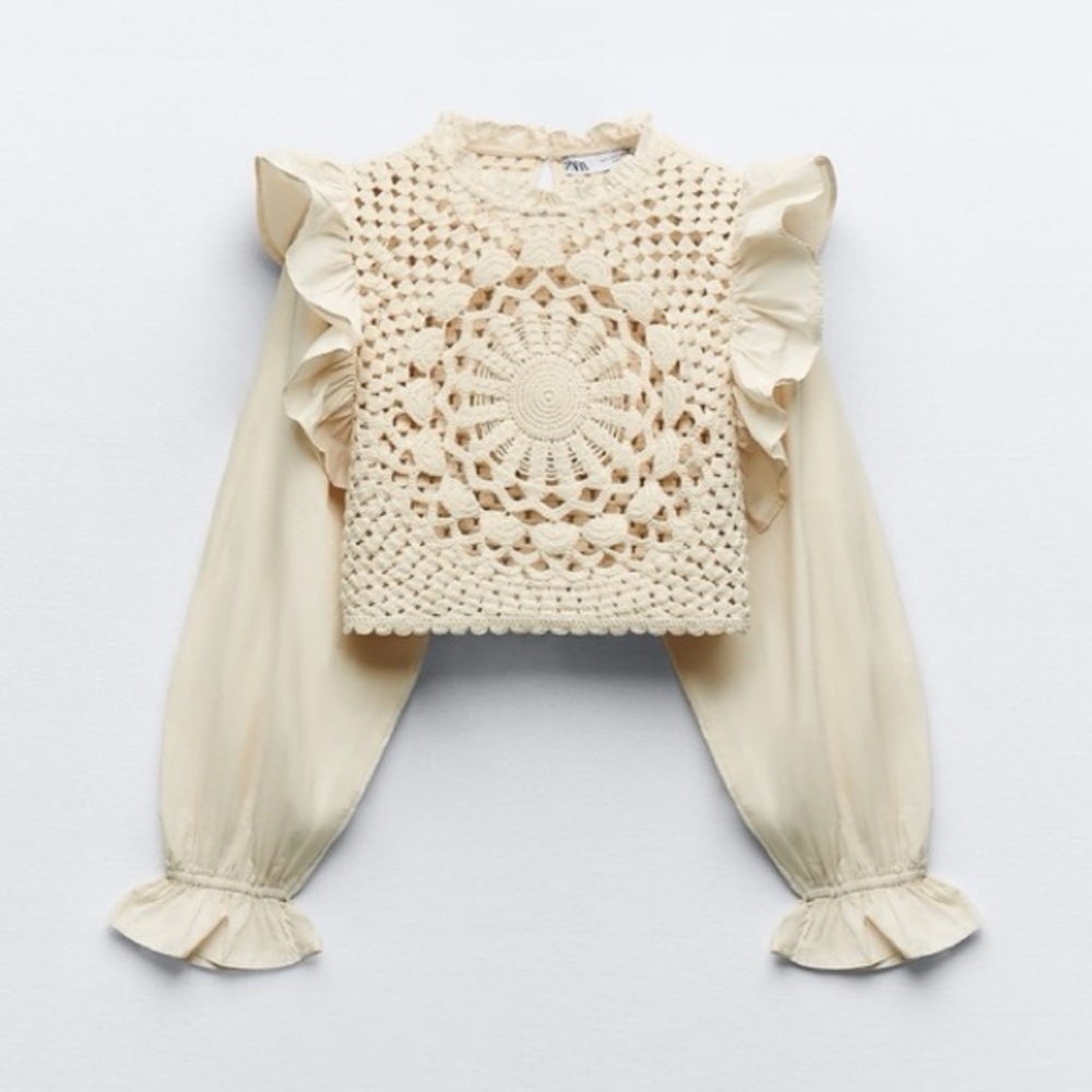 Zara boho crochet knit ruffle top blogger favorite